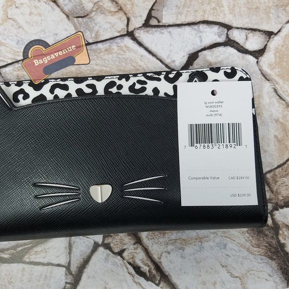MEOW CAT LARGE CONTINENTAL WALLET WLR00593 NWT $239 BLACK WHITE KATE SPADE - Picture 6 of 6